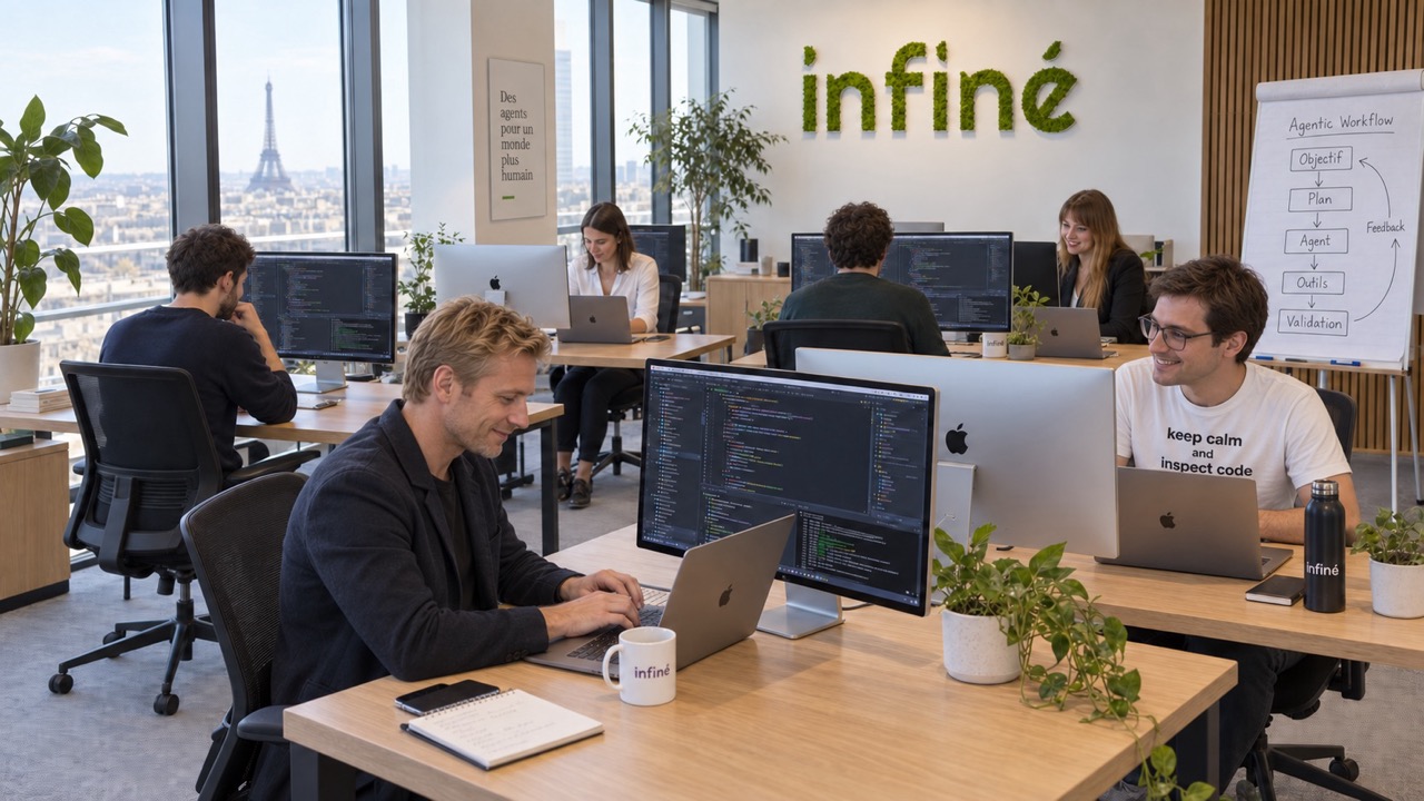 Une équipe de développeurs au travail, entre écrans et tableau de conception.