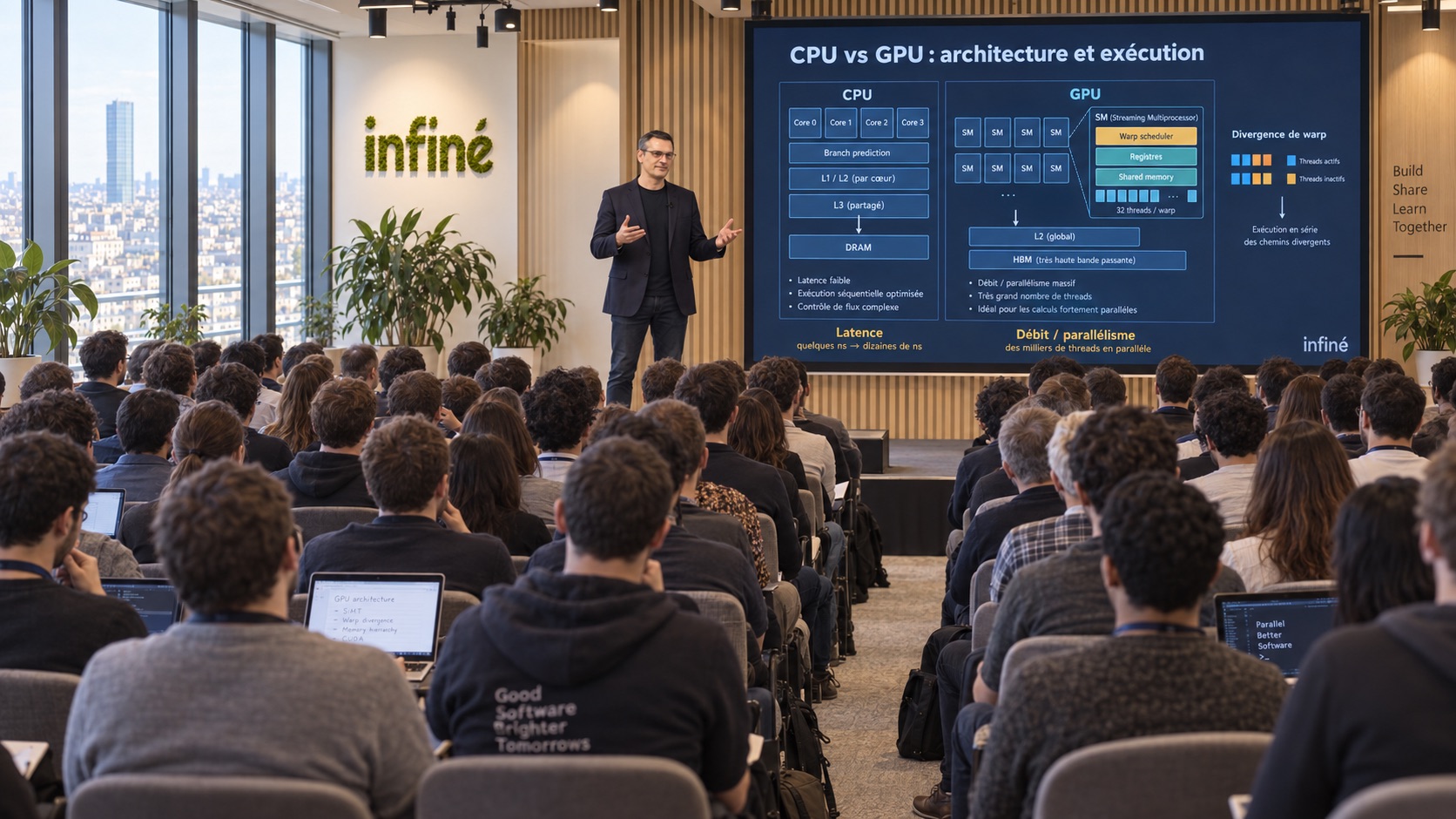 Un intervenant présente les architectures CPU et GPU à un groupe de participants.